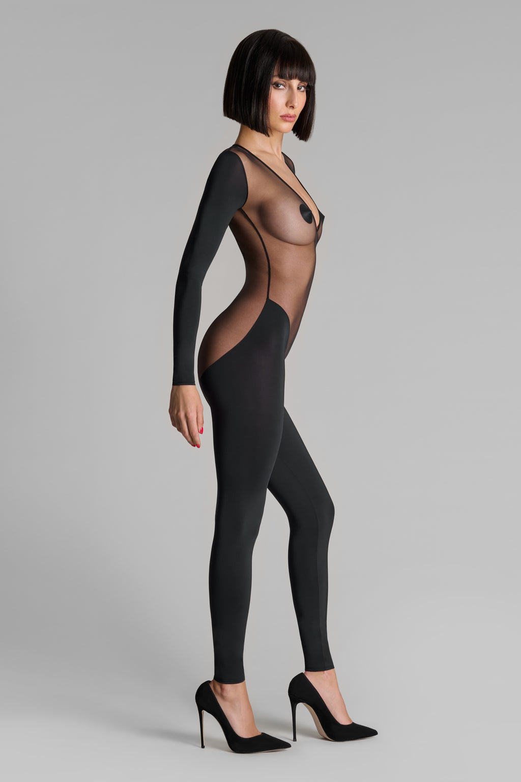PURE TENTATION-CATSUIT MANICHE LUNGHE CON SCHIENA TRASPARENTE - NOIR