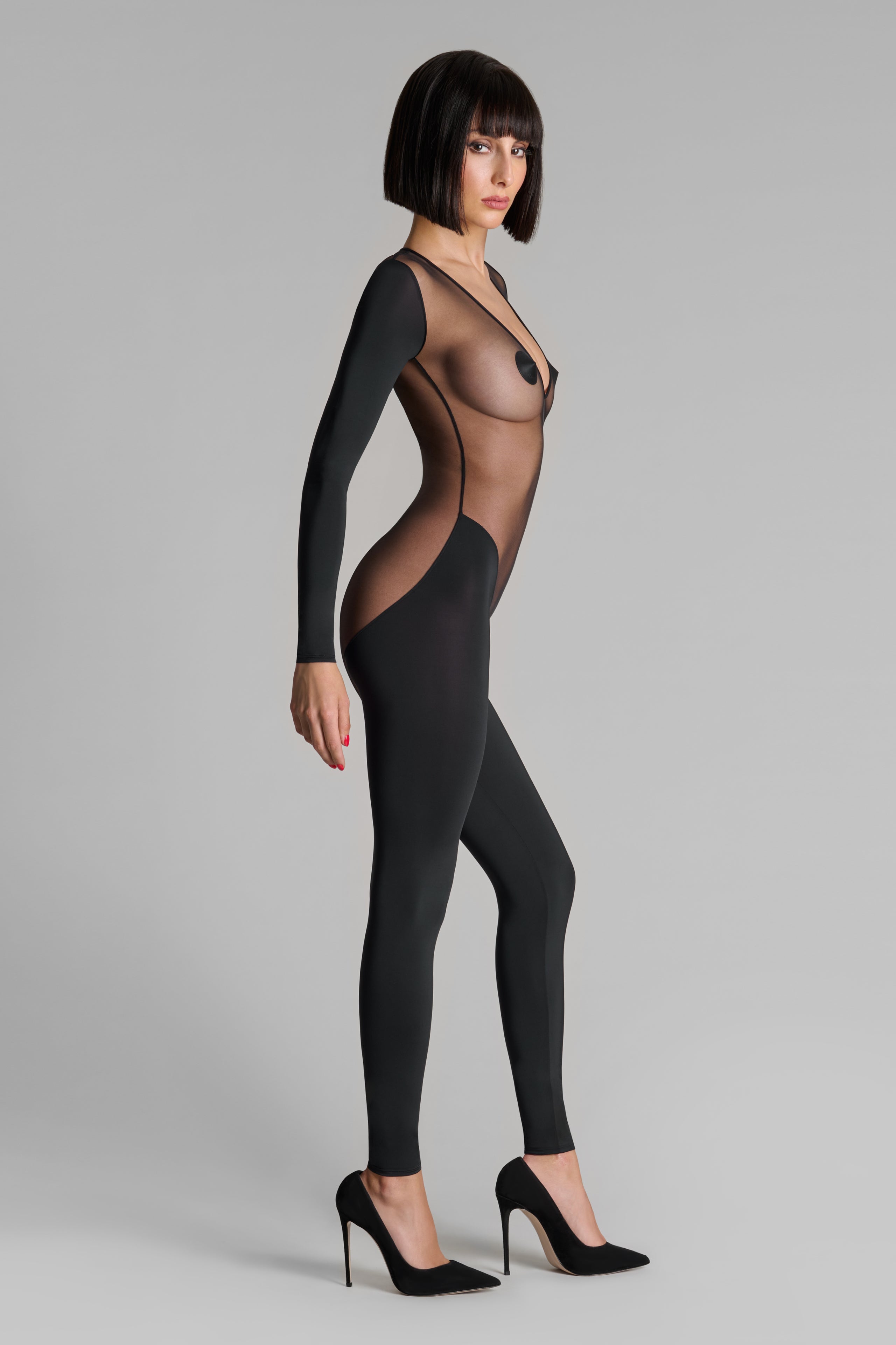 PURE TENTATION-CATSUIT MANICHE LUNGHE CON SCHIENA TRASPARENTE - NOIR